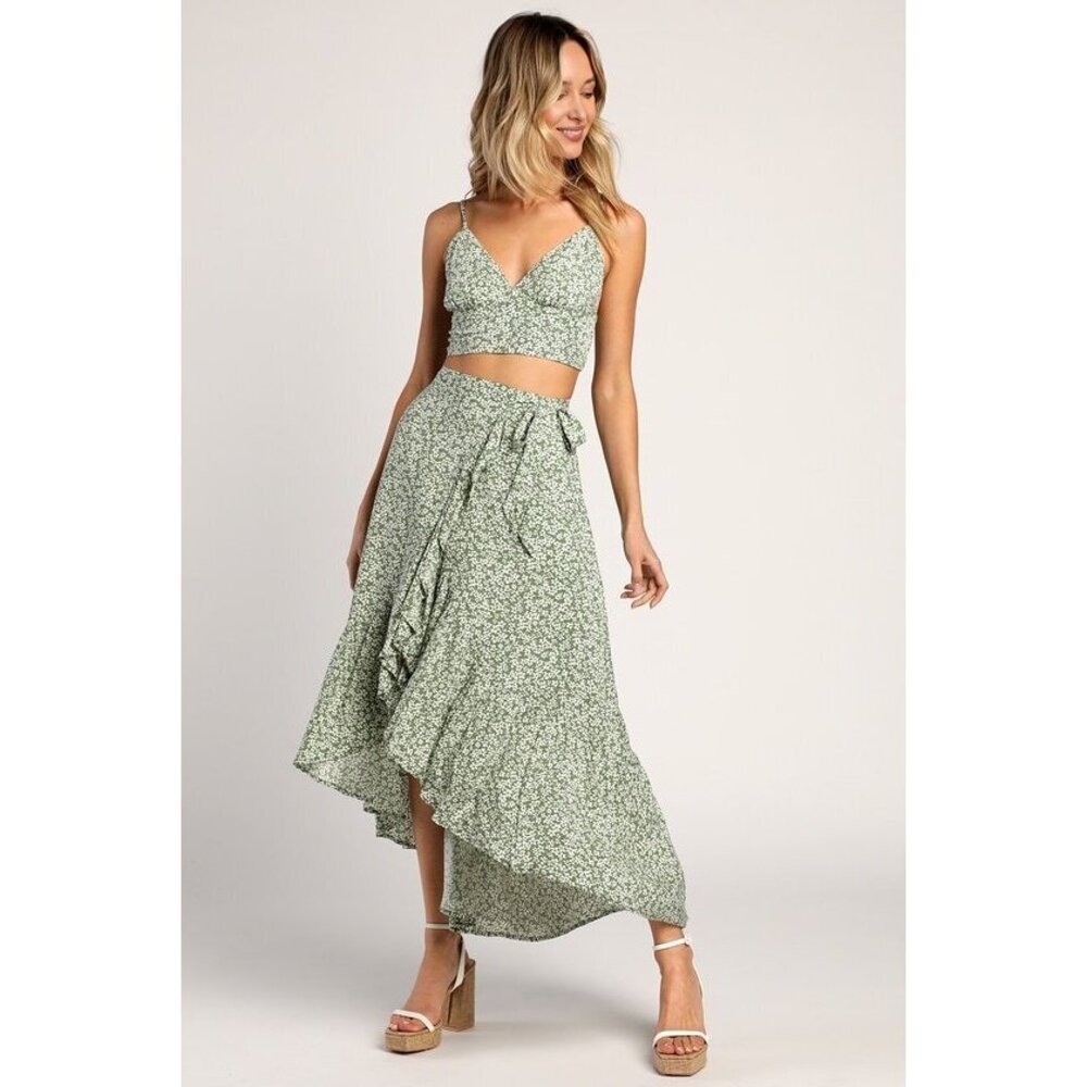 Lulus Summer Romance Sage Green Floral Print Two-piece Midi Dress - Size XS